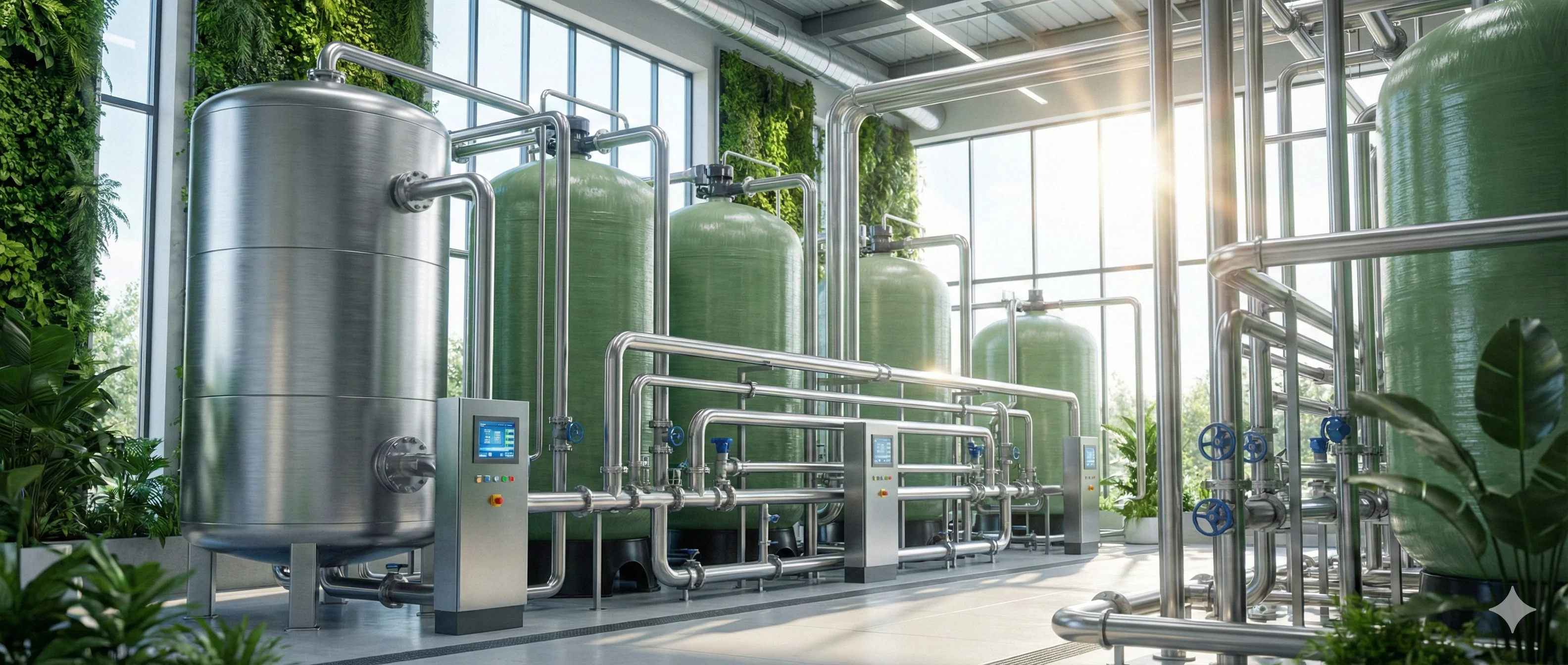 Industrial water treatment plant facility with pipes and tanks